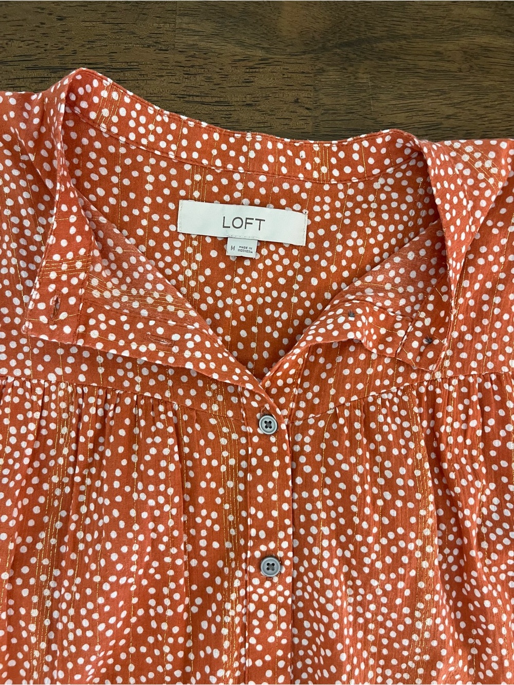 LOFT Rust Orange Dot Button-Front Blouse Long Sleeves Classic Cotton Medium - Picture 2 of 8
